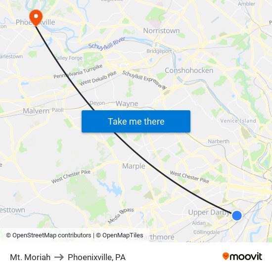 Mt. Moriah to Phoenixville, PA map