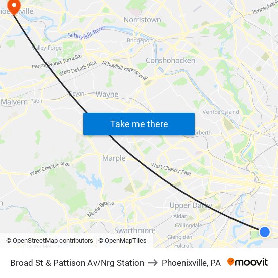 Broad St & Pattison Av/Nrg Station to Phoenixville, PA map