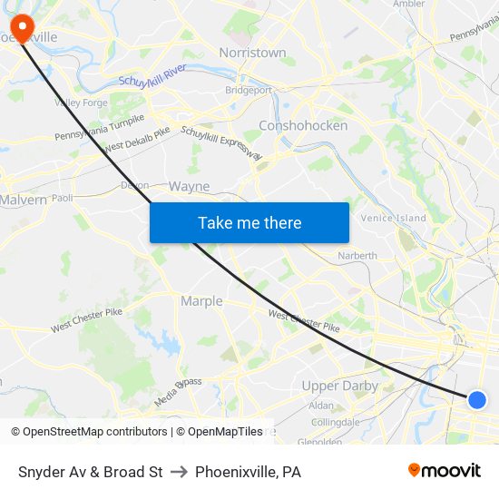 Snyder Av & Broad St to Phoenixville, PA map