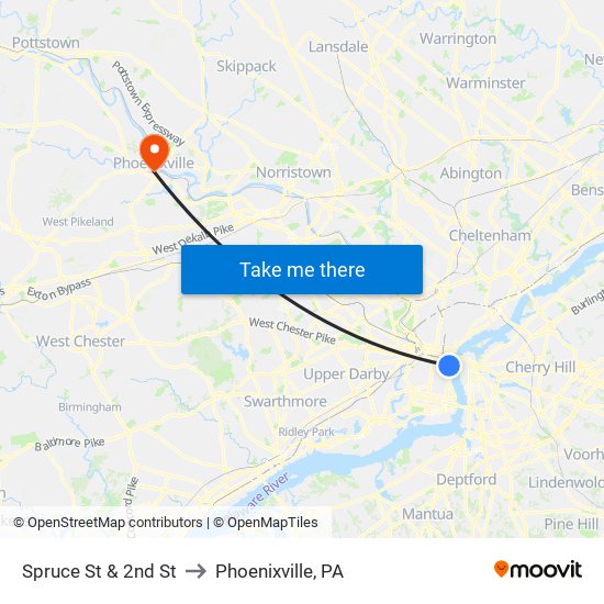 Spruce St & 2nd St to Phoenixville, PA map
