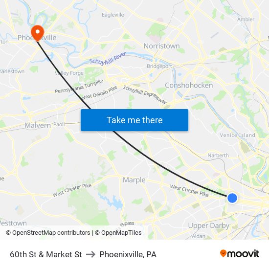 60th St & Market St to Phoenixville, PA map