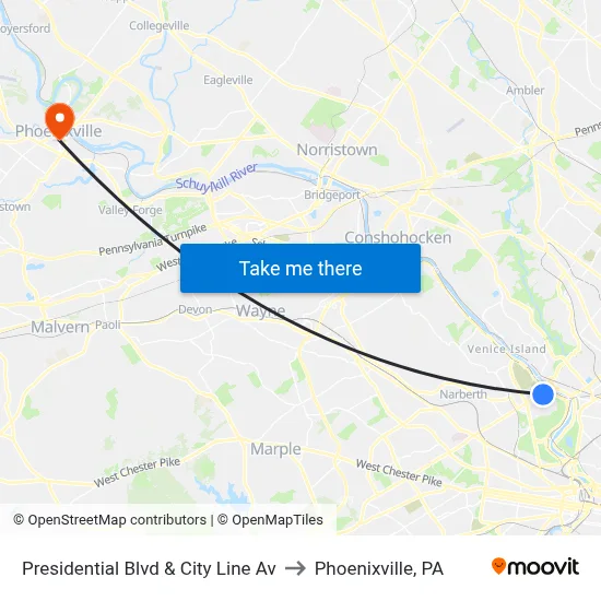 Presidential Blvd & City Line Av to Phoenixville, PA map