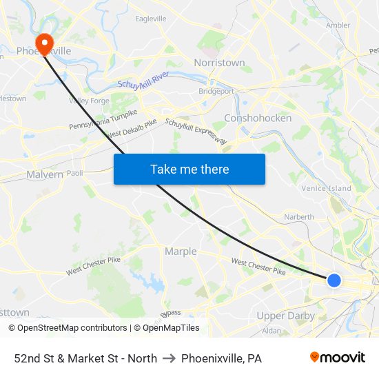 52nd St & Market St - North to Phoenixville, PA map