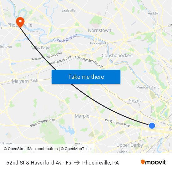 52nd St & Haverford Av - Fs to Phoenixville, PA map