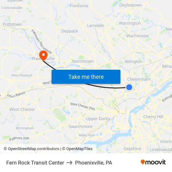 Fern Rock Transportation Center to Phoenixville, PA map