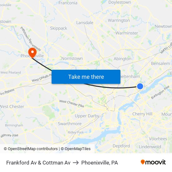 Frankford Av & Cottman Av to Phoenixville, PA map