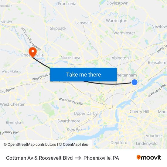 Cottman Av & Roosevelt Blvd to Phoenixville, PA map