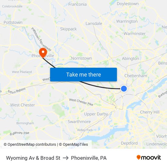 Wyoming Av & Broad St to Phoenixville, PA map