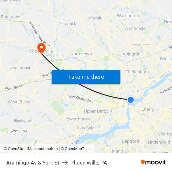 Aramingo Av & York St to Phoenixville, PA map