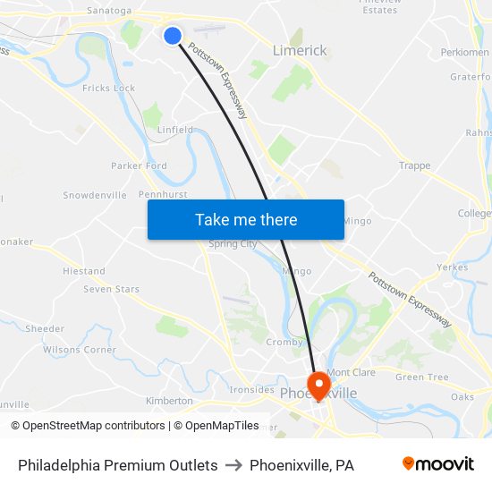 Philadelphia Premium Outlets to Phoenixville, PA map