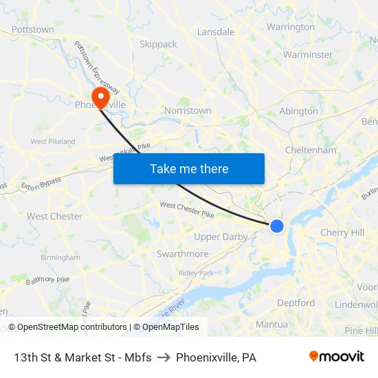 13th St & Market St - Mbfs to Phoenixville, PA map