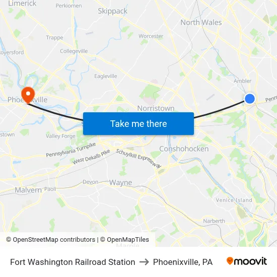 Fort Washington Railroad Station to Phoenixville, PA map