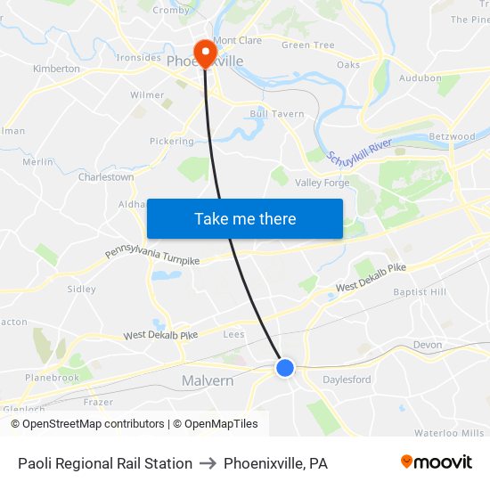 Paoli Regional Rail Station to Phoenixville, PA map