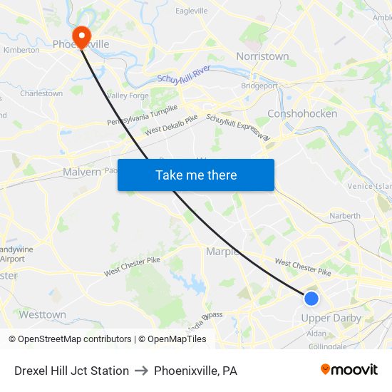 Drexel Hill Jct Station to Phoenixville, PA map