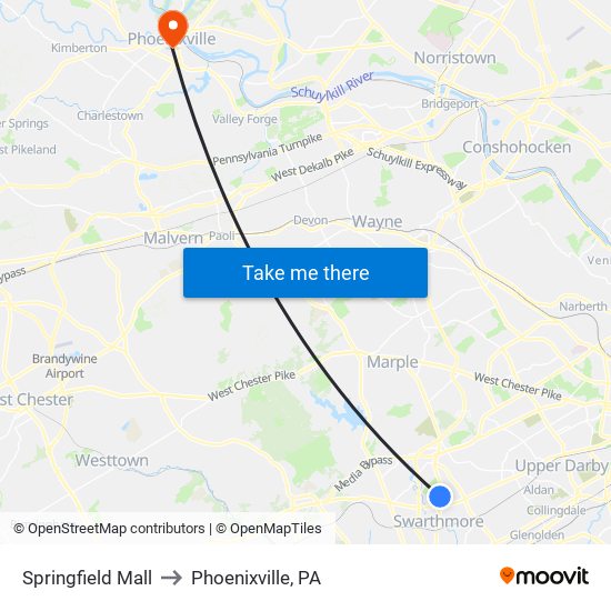 Springfield Mall to Phoenixville, PA map