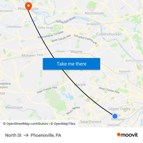 North St to Phoenixville, PA map