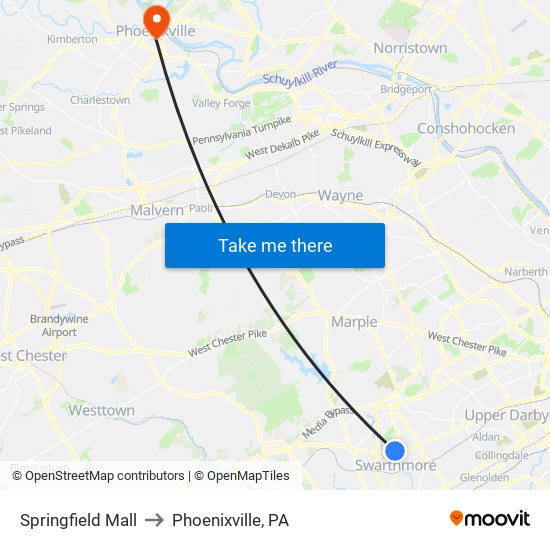 Springfield Mall to Phoenixville, PA map