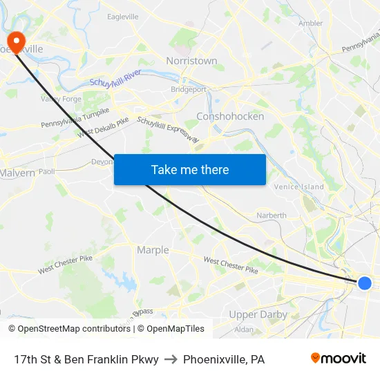 17th St & Ben Franklin Pkwy to Phoenixville, PA map
