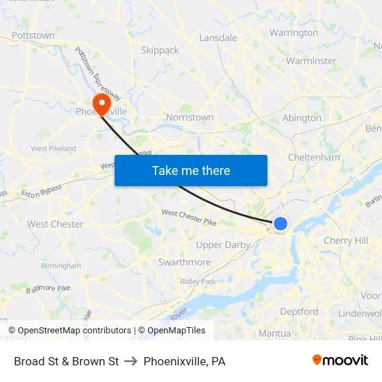 Broad St & Brown St to Phoenixville, PA map