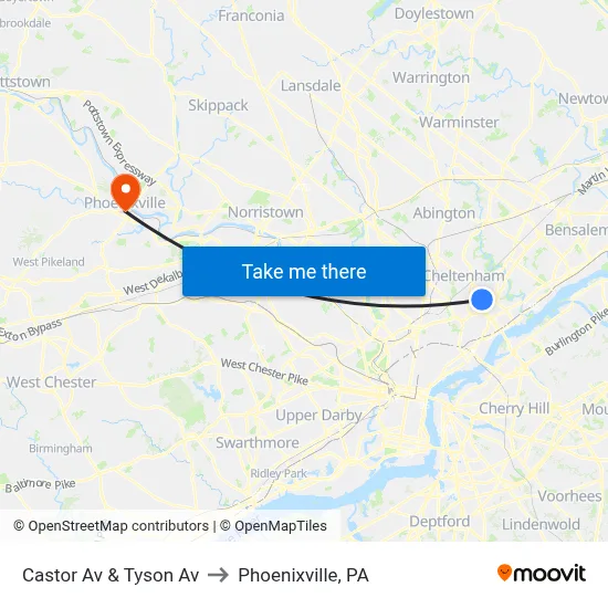 Castor Av & Tyson Av to Phoenixville, PA map