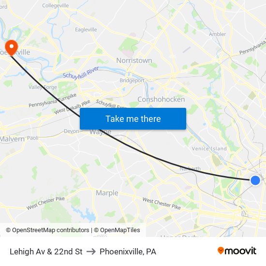 Lehigh Av & 22nd St to Phoenixville, PA map