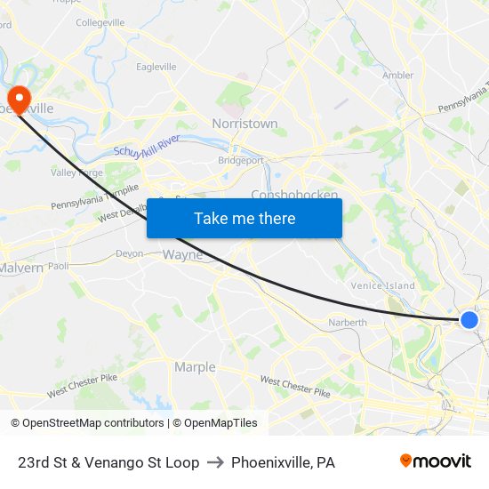 23rd St & Venango St Loop to Phoenixville, PA map