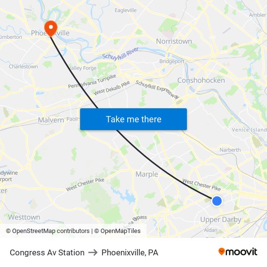 Congress Av Station to Phoenixville, PA map