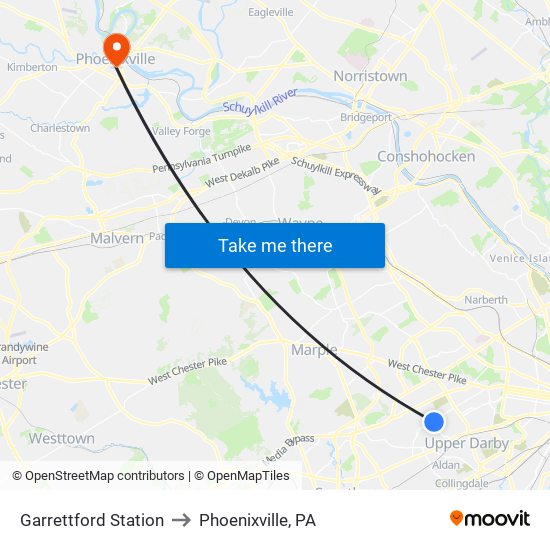 Garrettford Station to Phoenixville, PA map