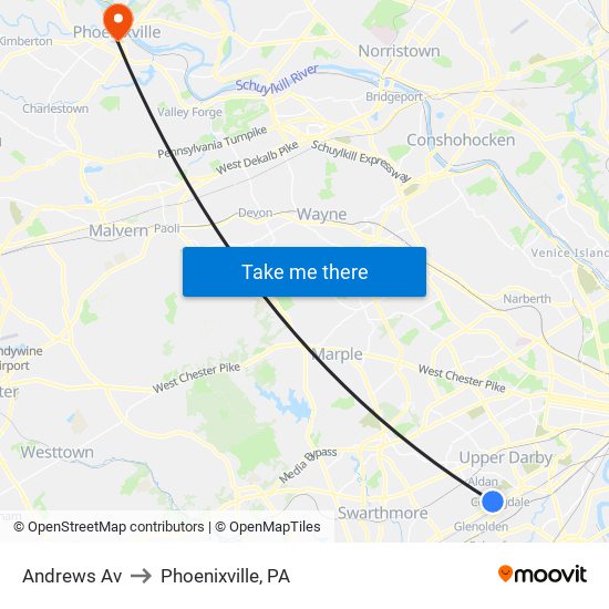 Andrews Av to Phoenixville, PA map