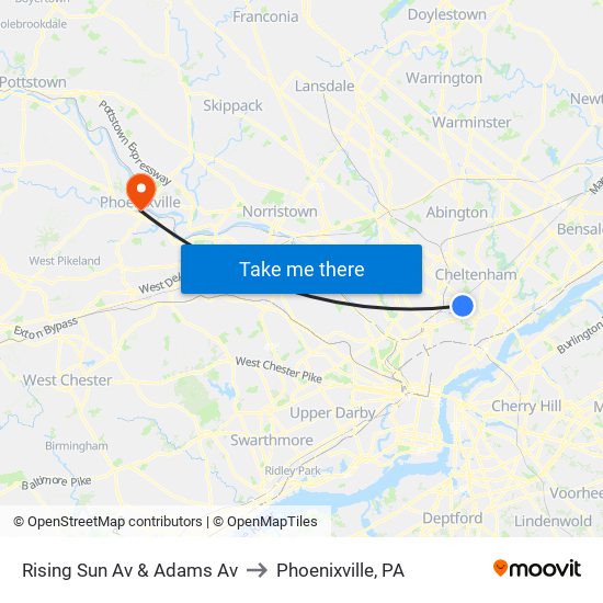 Rising Sun Av & Adams Av to Phoenixville, PA map