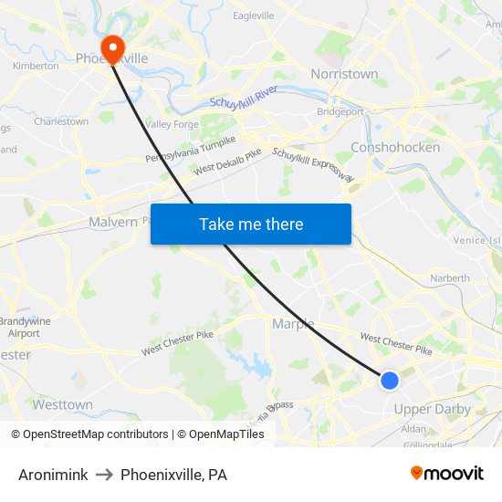 Aronimink to Phoenixville, PA map