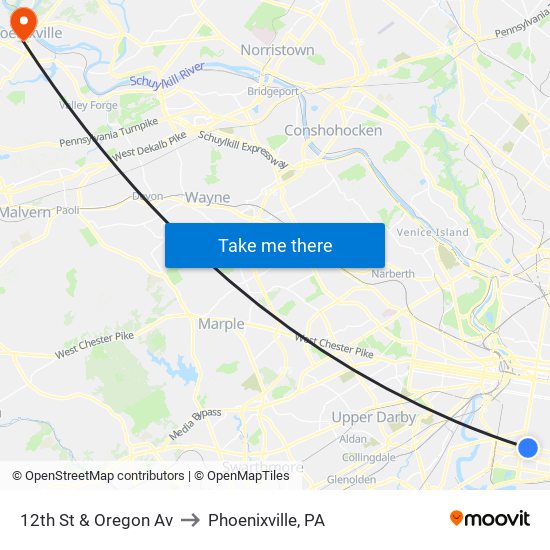 12th St & Oregon Av to Phoenixville, PA map