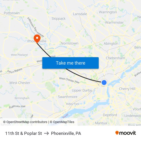 11th St & Poplar St to Phoenixville, PA map