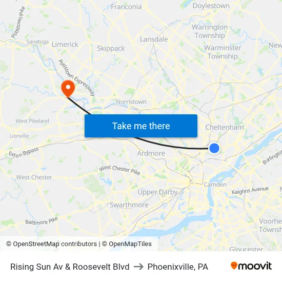 Rising Sun Av & Roosevelt Blvd to Phoenixville, PA map