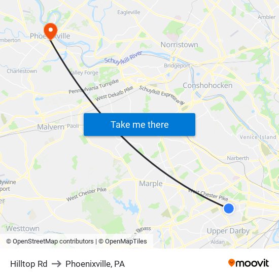 Hilltop Rd to Phoenixville, PA map