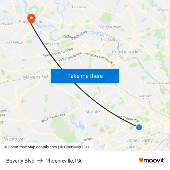 Beverly Blvd to Phoenixville, PA map