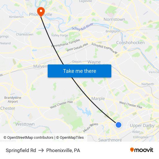 Springfield Rd to Phoenixville, PA map