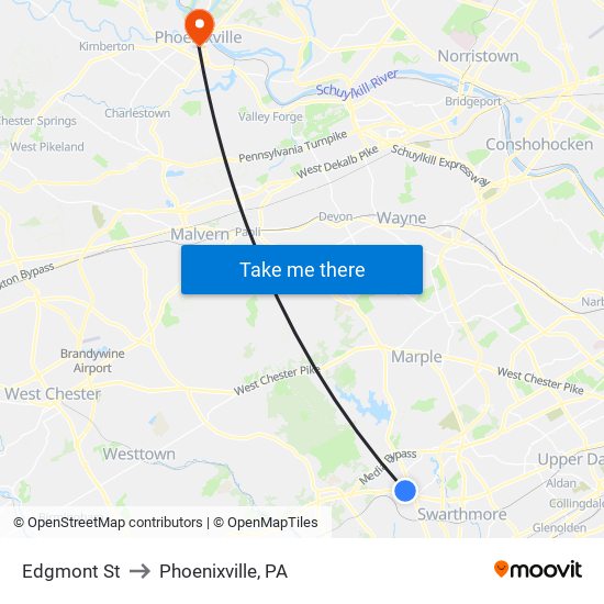 Edgmont St to Phoenixville, PA map