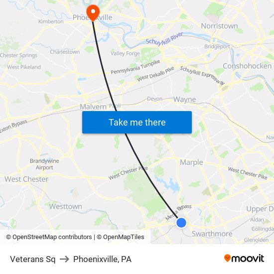 Veterans Sq to Phoenixville, PA map