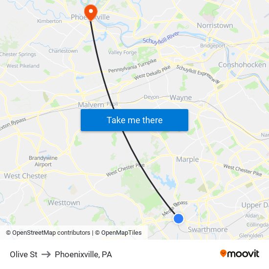 Olive St to Phoenixville, PA map
