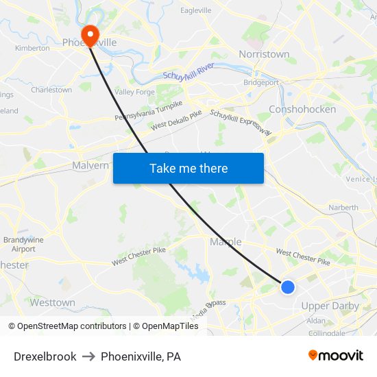 Drexelbrook to Phoenixville, PA map