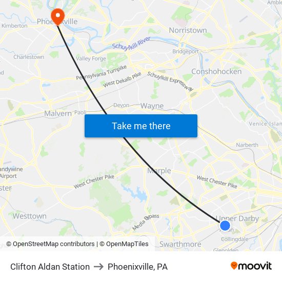 Clifton Aldan Station to Phoenixville, PA map