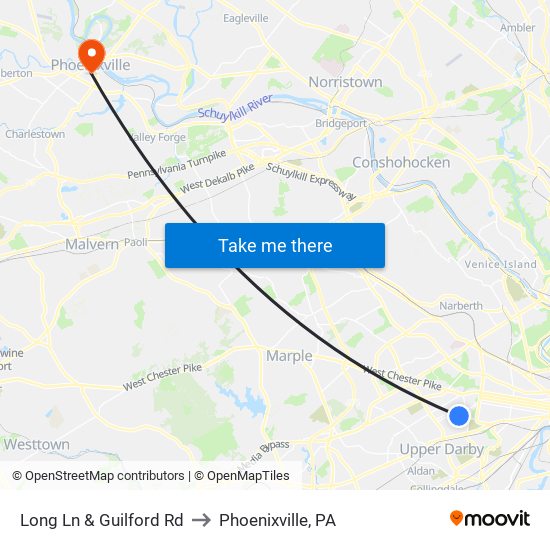 Long Ln & Guilford Rd to Phoenixville, PA map