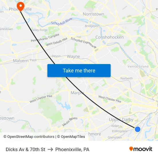 Dicks Av & 70th St to Phoenixville, PA map