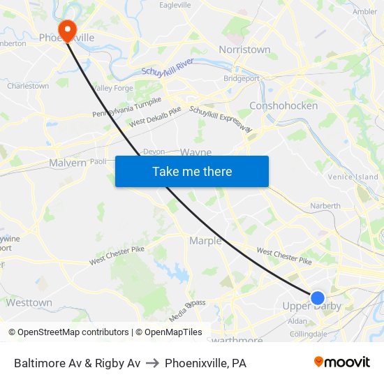 Baltimore Av & Rigby Av to Phoenixville, PA map