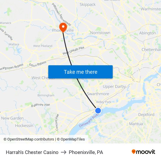 Harrah's Chester Casino to Phoenixville, PA map