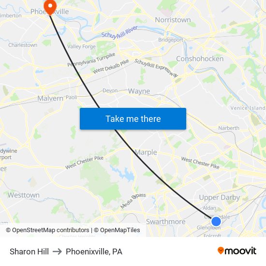 Sharon Hill to Phoenixville, PA map