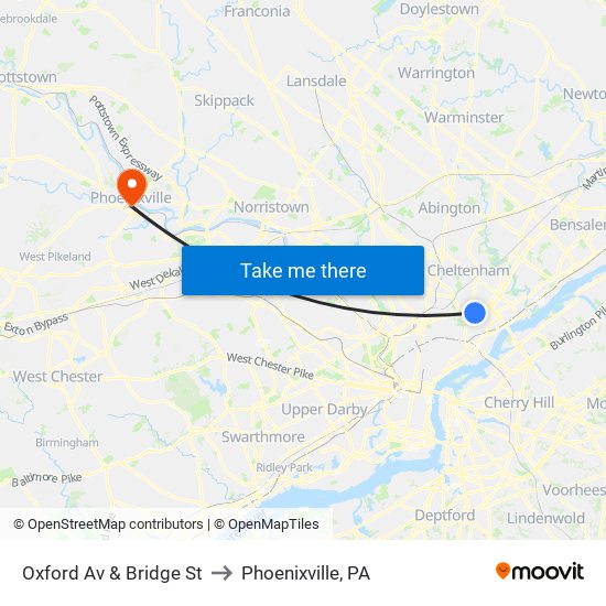 Oxford Av & Bridge St to Phoenixville, PA map