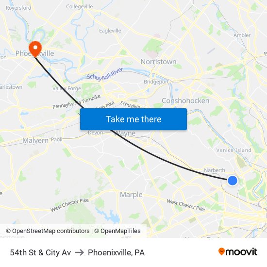 54th St & City Av to Phoenixville, PA map