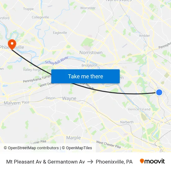 Mt Pleasant Av & Germantown Av to Phoenixville, PA map